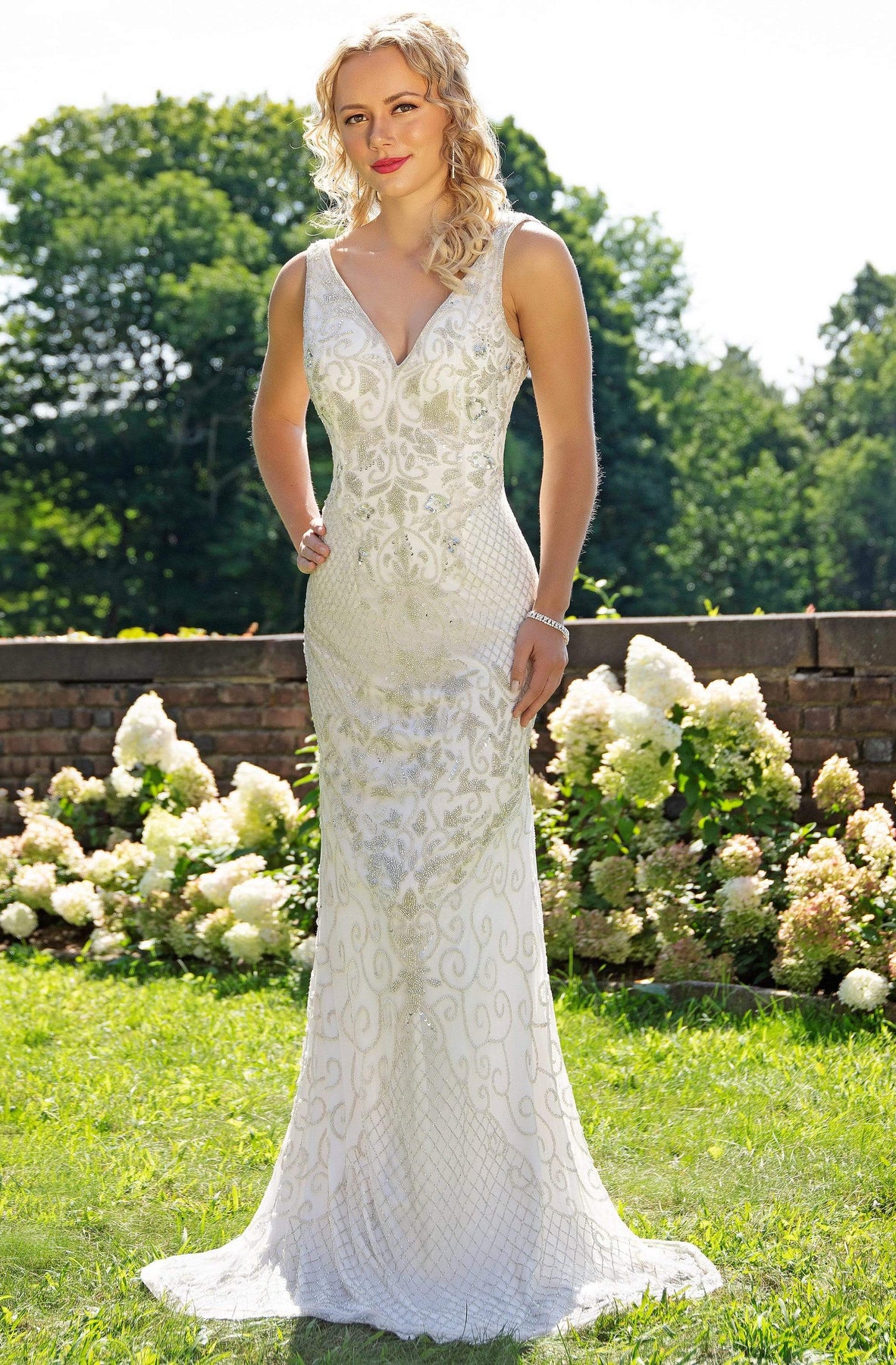 Primavera Couture - 3232 Bedazzled Plunging V-neck Sheath Dress Special Occasion Dress 0 / White Silver