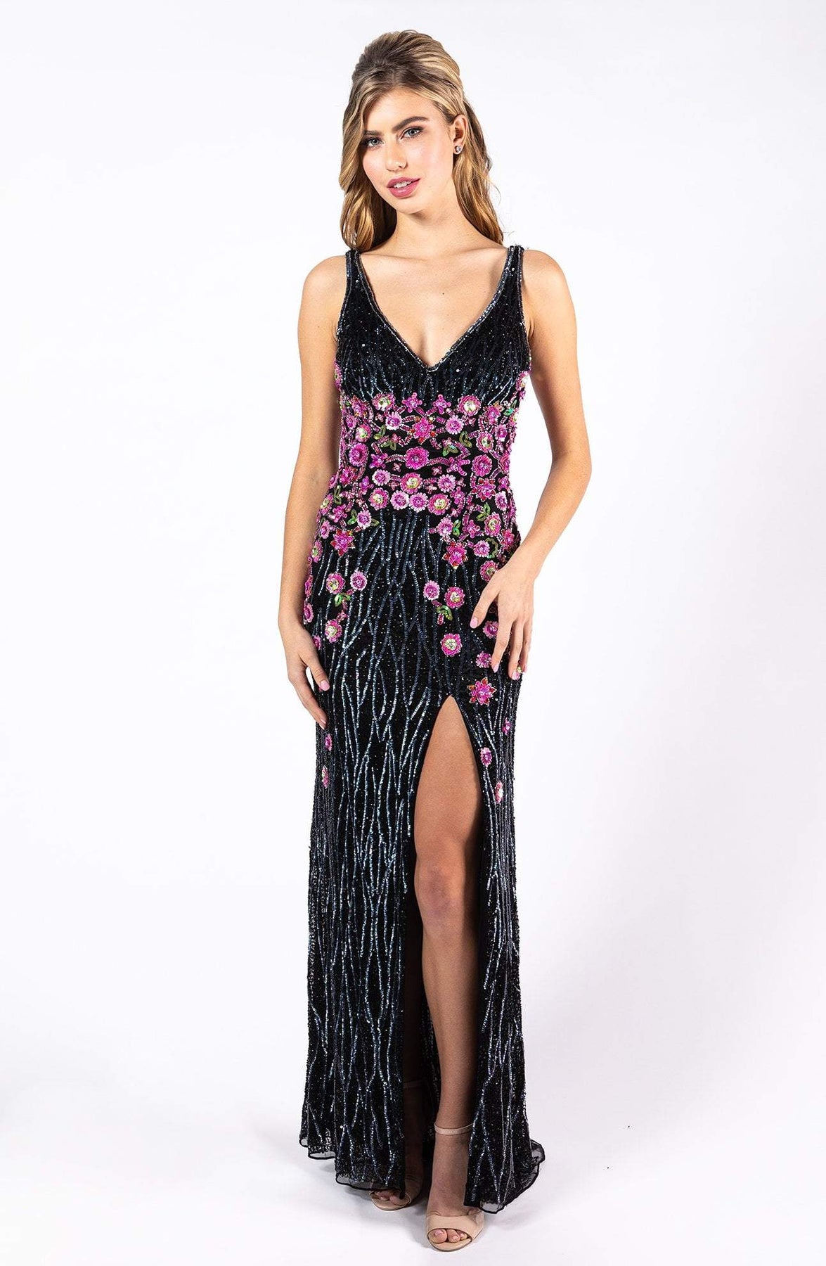 Primavera Couture - 3238 Floral Embellished V-neck Sheath Dress Special Occasion Dress 0 / Black Multi