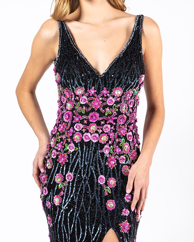 Primavera Couture - 3238 Floral Embellished V-neck Sheath Dress Special Occasion Dress