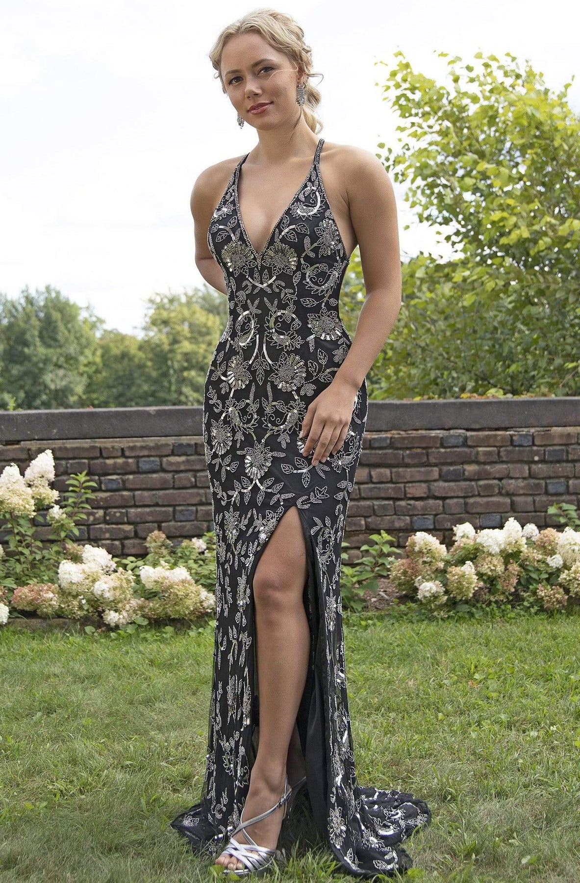 Primavera Couture - 3259 Stylistic Floral Beaded High Slit Gown Special Occasion Dress 0 / Black Silver