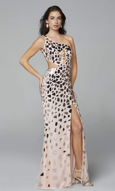 Primavera Couture - 3623 One Shoulder High Slit Cut Glass Sheath Dress Prom Dresses 00 / Rose Gold