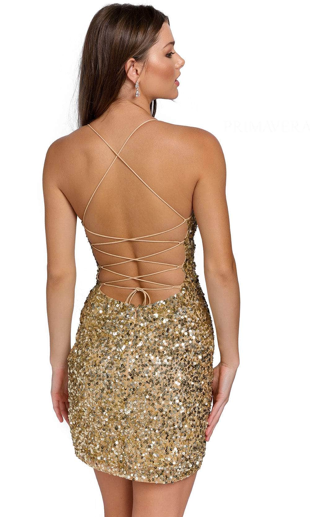 Primavera Couture 3891 - Deep V-Neck Side Slit Cocktail Dress In Gold