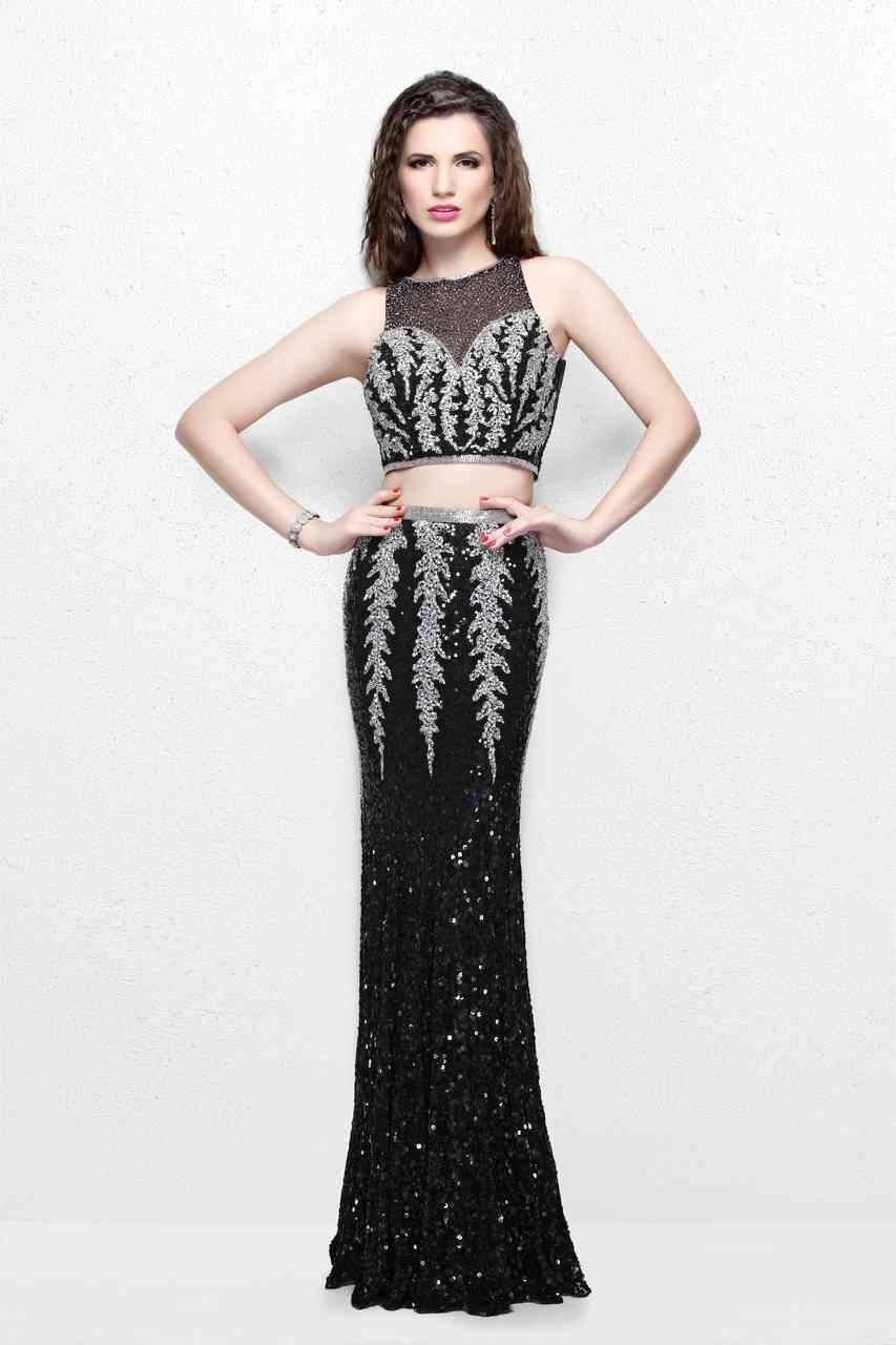 black and silver two piece dress High Neck Two-piece Black Lace & Satin Prom Dress