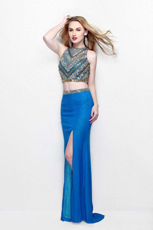 Primavera Couture - Two Piece Fitted Long Dress with Slit 1803 Special Occasion Dress 0 / Peacock
