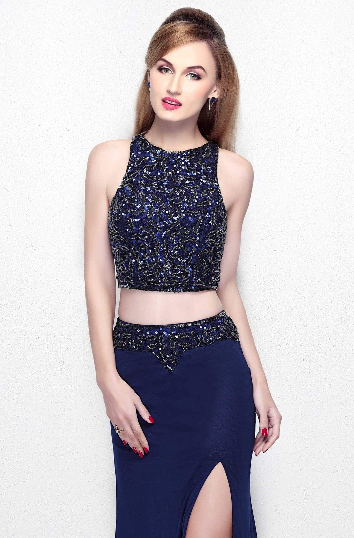 Primavera Couture - Two Piece Halter Long Gown with a Slit 1822 Special Occasion Dress 0 / Midnight