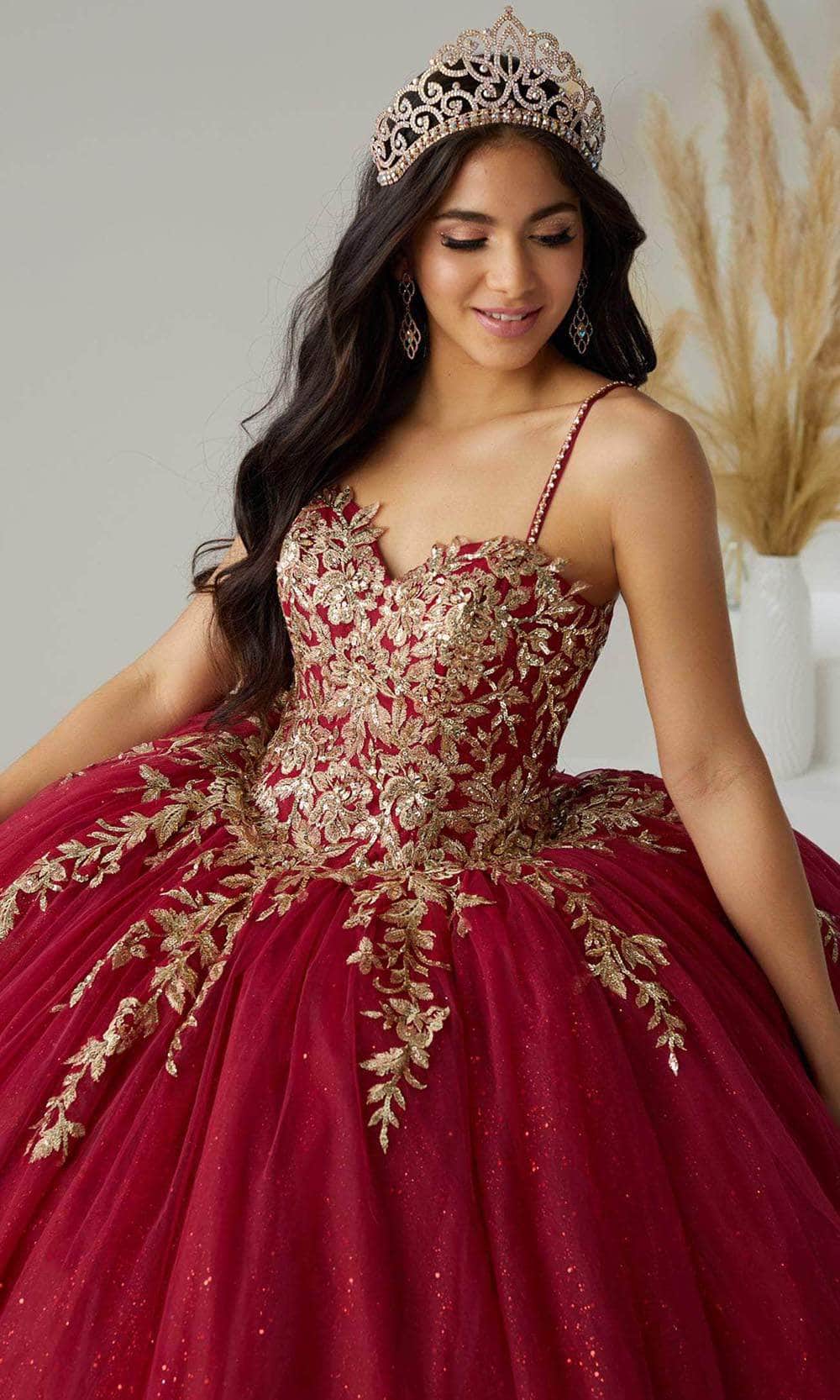 Quinceanera Collection 26035 - Beaded Strap Embellished Ballgown Special Occasion Dress 0 / Burgundy/Gold