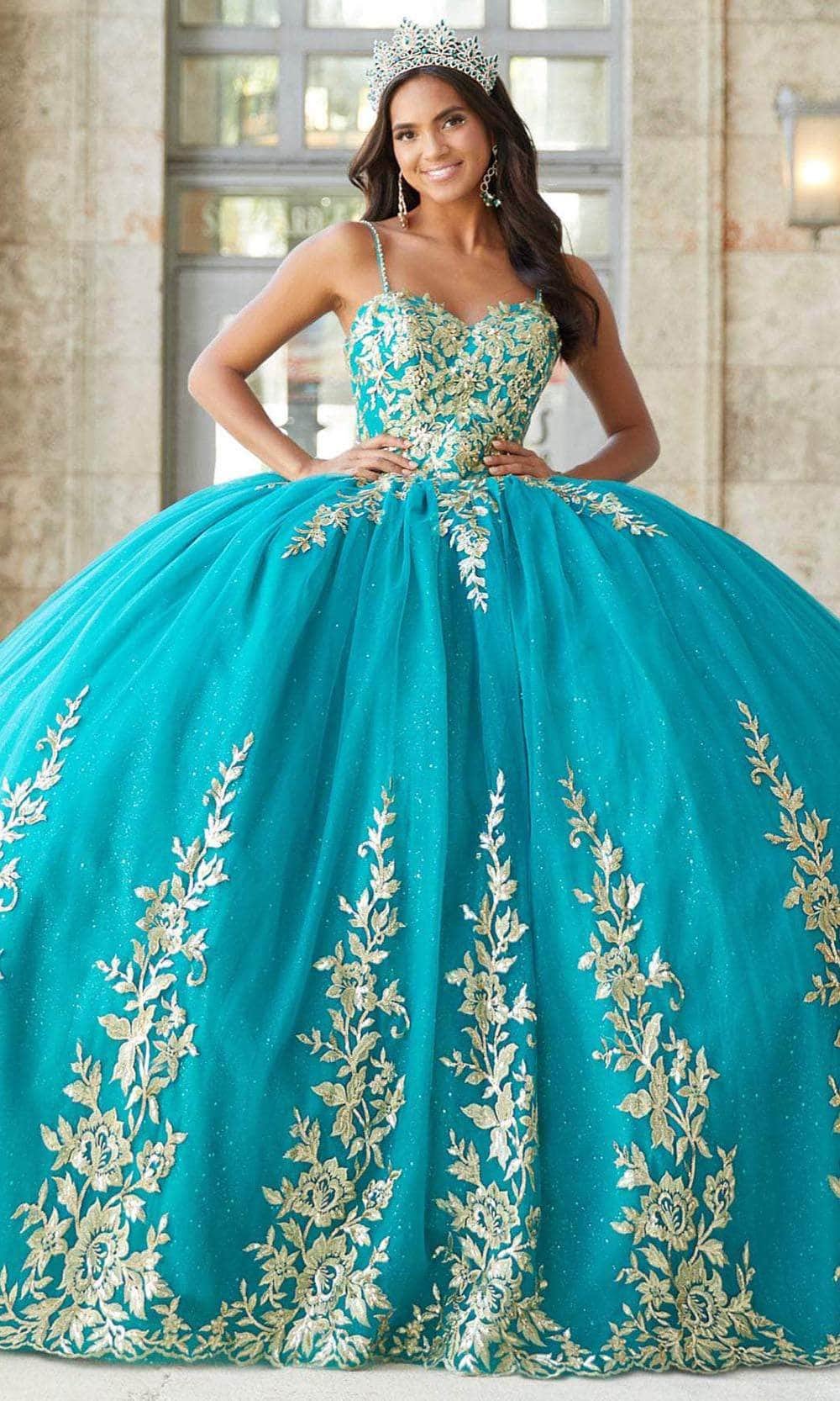 Quinceanera Collection 26035 - Beaded Strap Embellished Ballgown Special Occasion Dress 0 / Jade/Gold