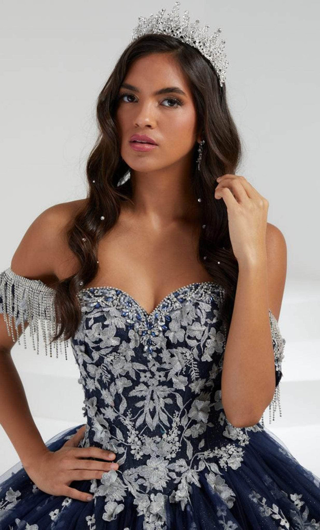 Quinceanera Collection 26056 - Off-Shoulder Embellished Ballgown Ball Gowns 0 / Navy/Silver