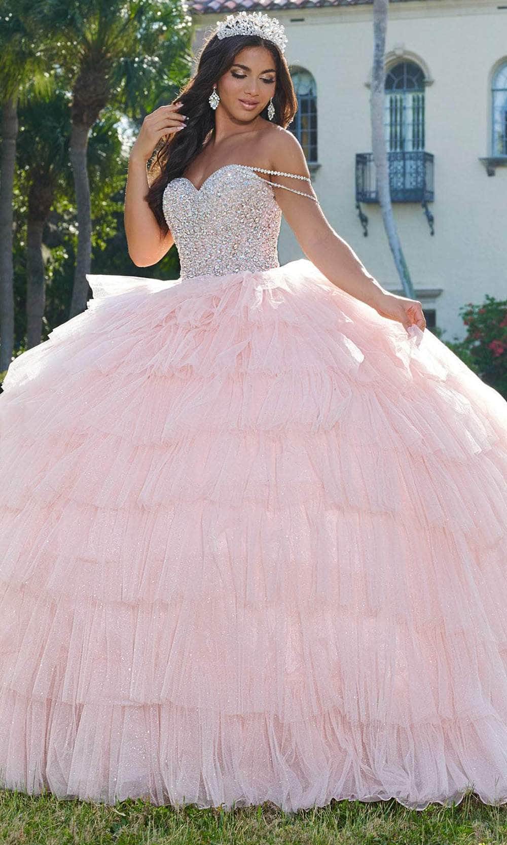 Quinceanera Collection 26071 - Long Rhinestone/Tulle Ballgown - Rhinestone Embellished Fitted Bodice, Lace-Up Back, Spaghetti Rhinestone Off-Shoulder Straps, Ruffle Layer Skirt, Detachable Train ADASA Quinceanera Collection 26071 - Long Rhinestone/Tulle Ballgown - Rhinestone Embellished Fitted Bodice, Lace-Up Back, Spaghetti Rhinestone Off-Shoulder Straps, Ruffle Layer Skirt, Detachable Train ADASA