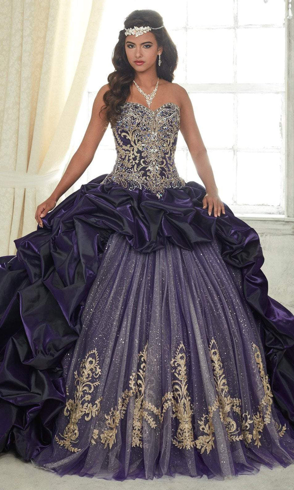 Quinceanera Collection 26831 - Long Iridescent Satin/Glitter Tulle/L  Ballgown - Strapless, AB rhinestones, Metallic embroidery, Ballgown skirt,  Fitted bodice, Train  ADASA