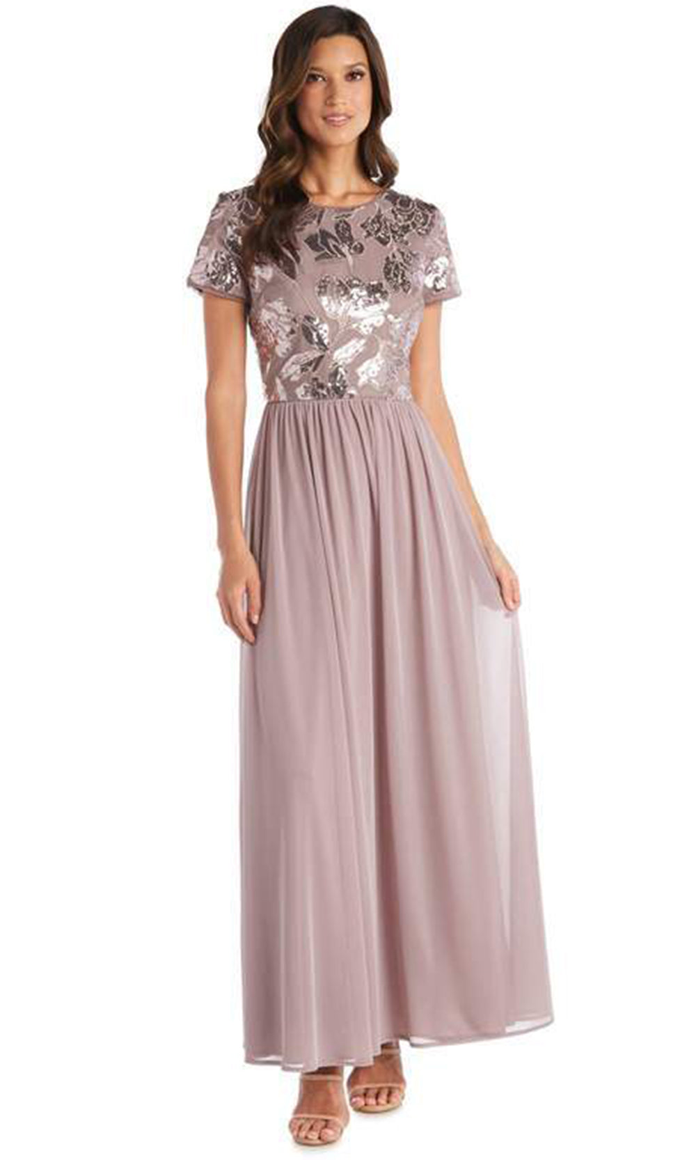 R&M Richards - 7058SC Sequin Short Sleeves Sheer Long Gown R&M Richards - 7058SC Sequin Short Sleeves Sheer Long Gown