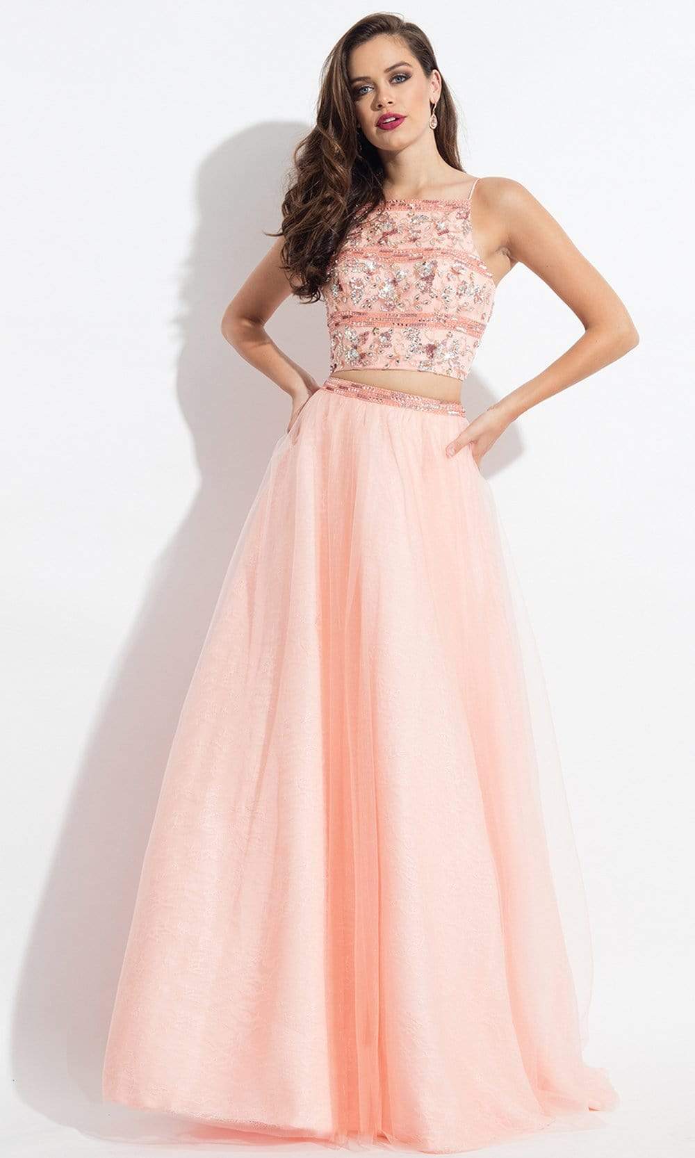 Rachel Allan 6036 - Long A-line Dress - Two piece, Floral beading, Crop  top, Straps, Tulle, Pleated, Train  ADASA