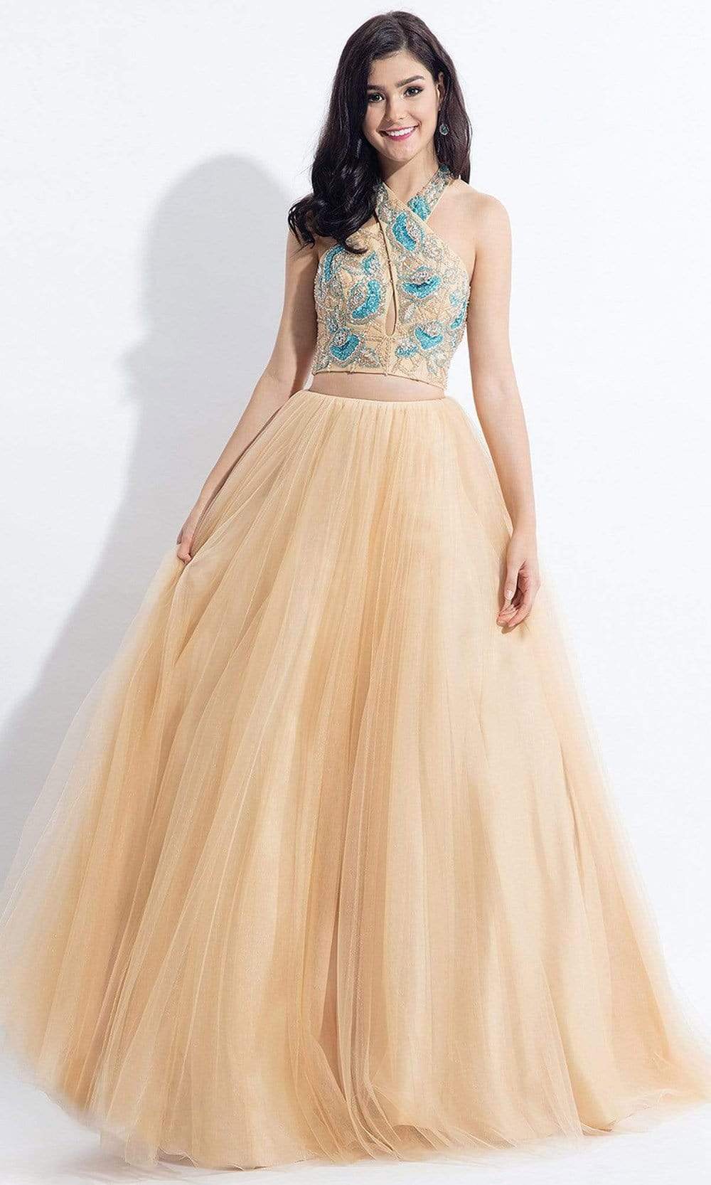 Rachel Allan - 6155 Two Piece Floral Halter Ballgown Special Occasion Dress 0 / Nude/Sky/Blue