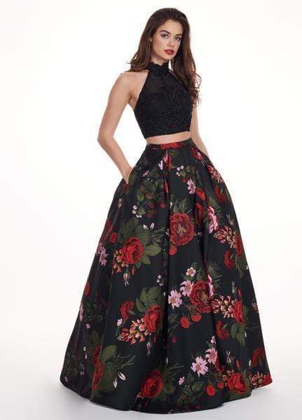 Rachel Allan - 6504 Two Piece Floral High Halter Dress Ball Gowns 0 / Black Multi-Color