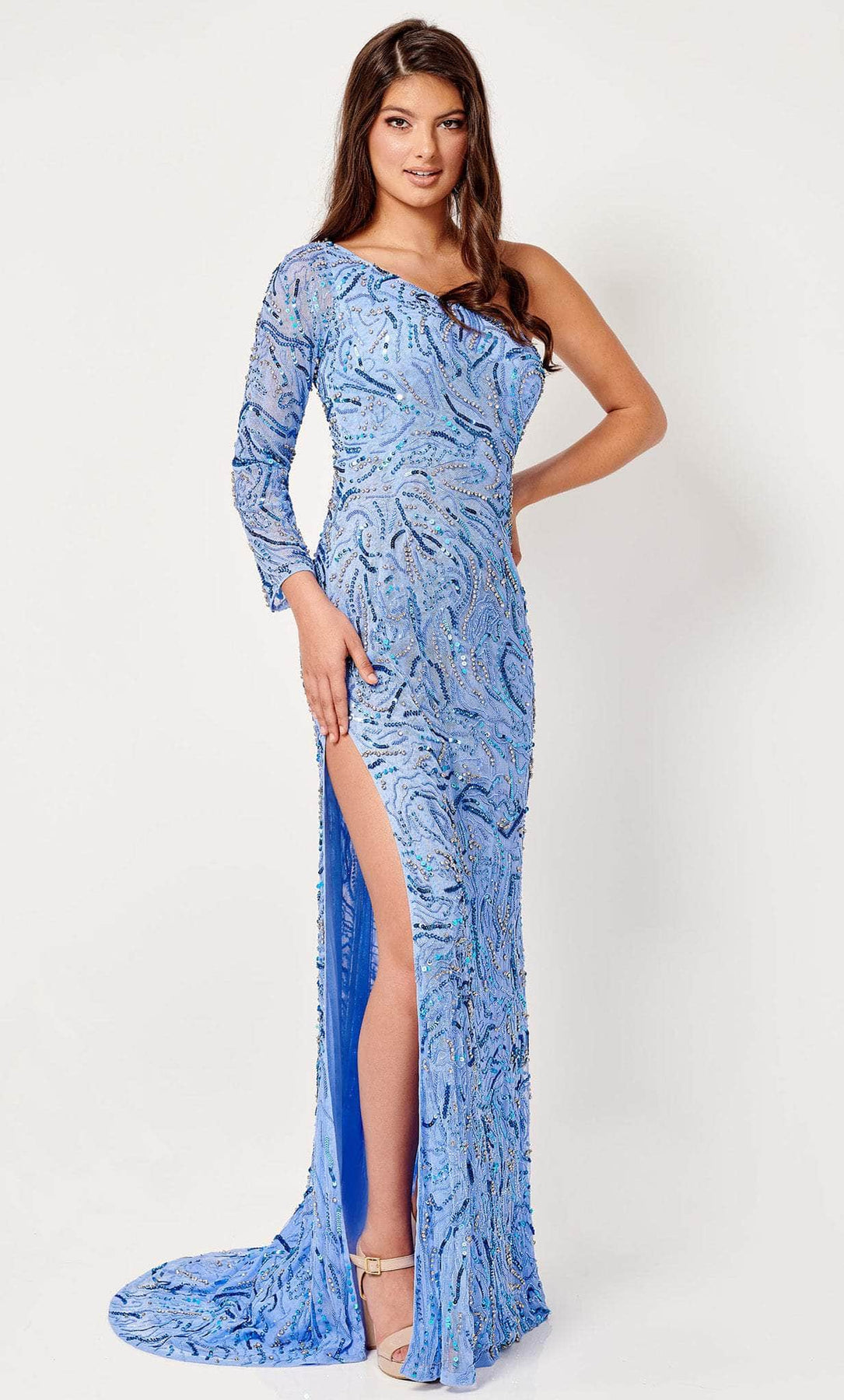 Rachel Allan 70301 - Asymmetric Beaded Prom Gown Special Occasion Dress 00 / Periwinkle