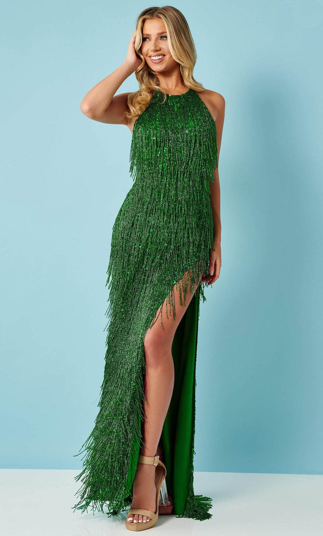 Rachel Allan 70304 - Fringed Halter Prom Dress Special Occasion Dress 00 / Emerald