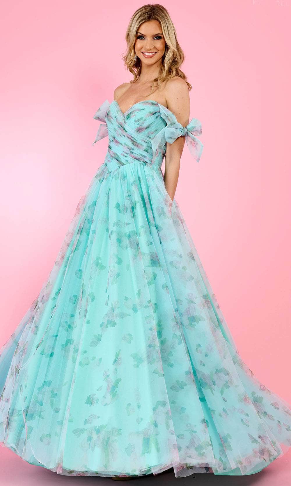 Rachel Allan 70495 - Long Print Tulle A-Line Dress - Bow Off Shoulder Straps, Ruched Bodice, Midrise Back, Floral, Sweep Train ADASA Rachel Allan 70495 - Long Print Tulle A-Line Dress - Bow Off Shoulder Straps, Ruched Bodice, Midrise Back, Floral, Sweep Train ADASA
