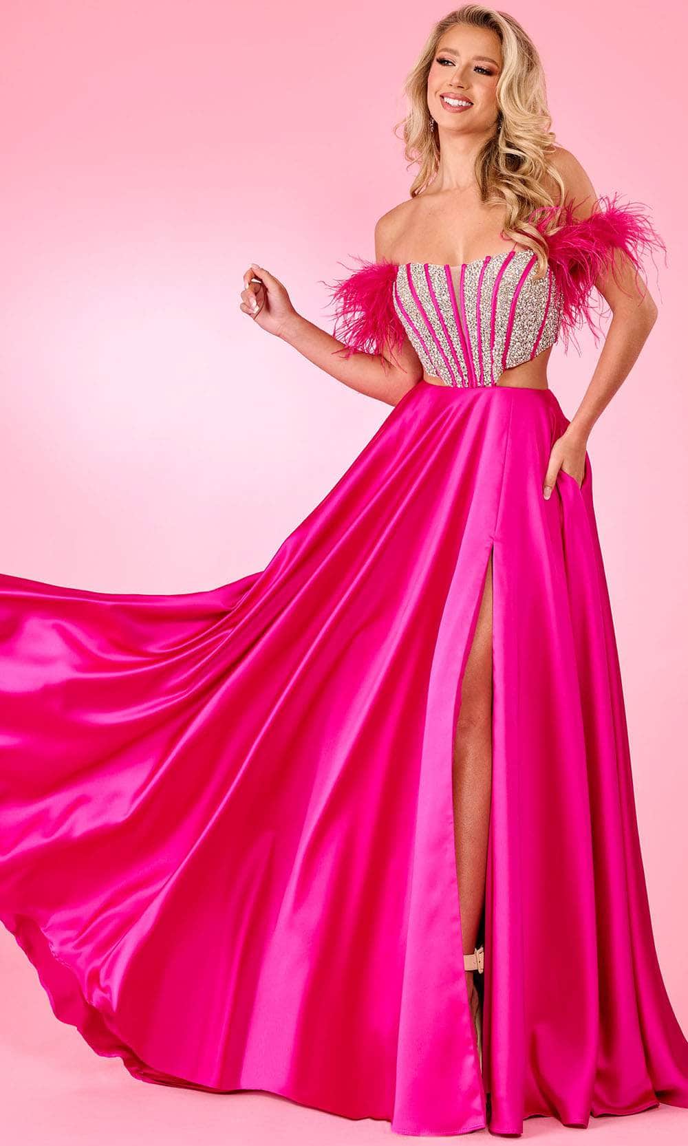 Rachel Allan 70519 - Long Satin, Stone Beading, Feathers A-Line Dress - Spaghetti Straps, Bejeweled Bodice, Illusion Plunge, Side Cutouts, Detachable Feather Sleeves, High Slit, Sweep Train ADASA Rachel Allan 70519 - Long Satin, Stone Beading, Feathers A-Line Dress - Spaghetti Straps, Bejeweled Bodice, Illusion Plunge, Side Cutouts, Detachable Feather Sleeves, High Slit, Sweep Train ADASA