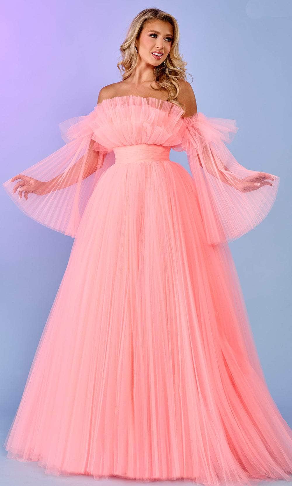 Rachel Allan 70583 - Long Pleated Tulle A-Line Dress - Ruffled, Pleated Sleeves, Pleated Skirt, Floor Length, Sweep Train, Mid-Open Back, Back Zipper, Detachable Angel Sleeves ADASA Rachel Allan 70583 - Long Pleated Tulle A-Line Dress - Ruffled, Pleated Sleeves, Pleated Skirt, Floor Length, Sweep Train, Mid-Open Back, Back Zipper, Detachable Angel Sleeves ADASA