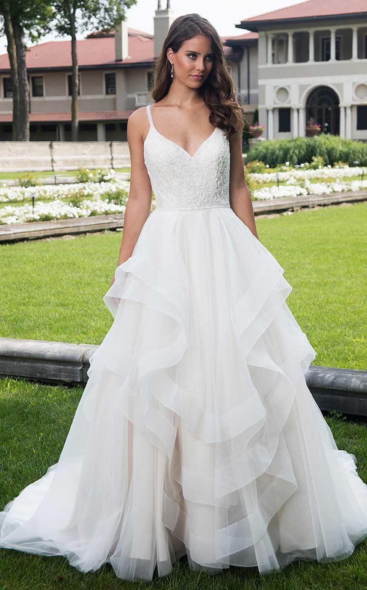 Rachel Allan Bridal M629 - Long A-Line Dress - Sleeveless Fitted, Beaded Bodice, Thin Straps, Tiered Skirt, Floor Length, Horsehair Hem, Criss Cross Open Back, Sweep Train ADASA Rachel Allan Bridal M629 - Long A-Line Dress - Sleeveless Fitted, Beaded Bodice, Thin Straps, Tiered Skirt, Floor Length, Horsehair Hem, Criss Cross Open Back, Sweep Train ADASA