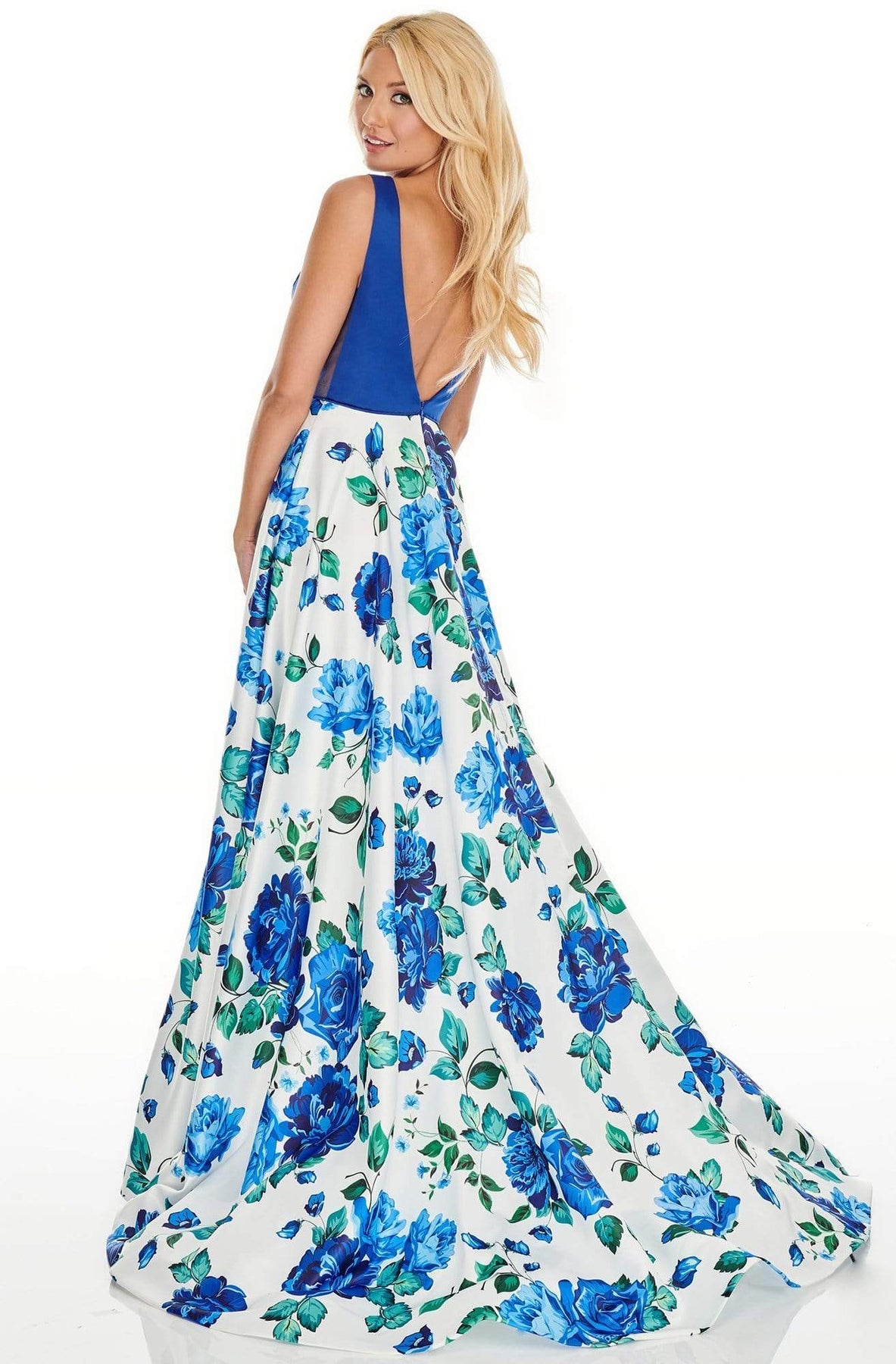 Rachel Allan Prom - 7021 Plunging Neck Floral High Slit Gown Prom Dresses