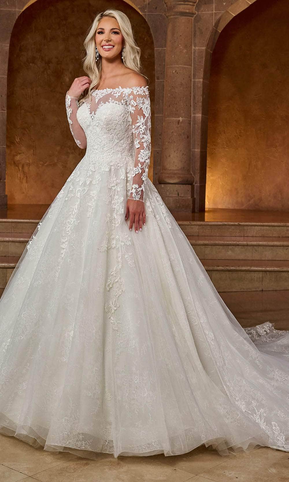 Off-the-Shoulder Floor-Length Tulle Ball Gown with Semi-Cathedral Train Rachel Allan RB3196 - Ivory / 8