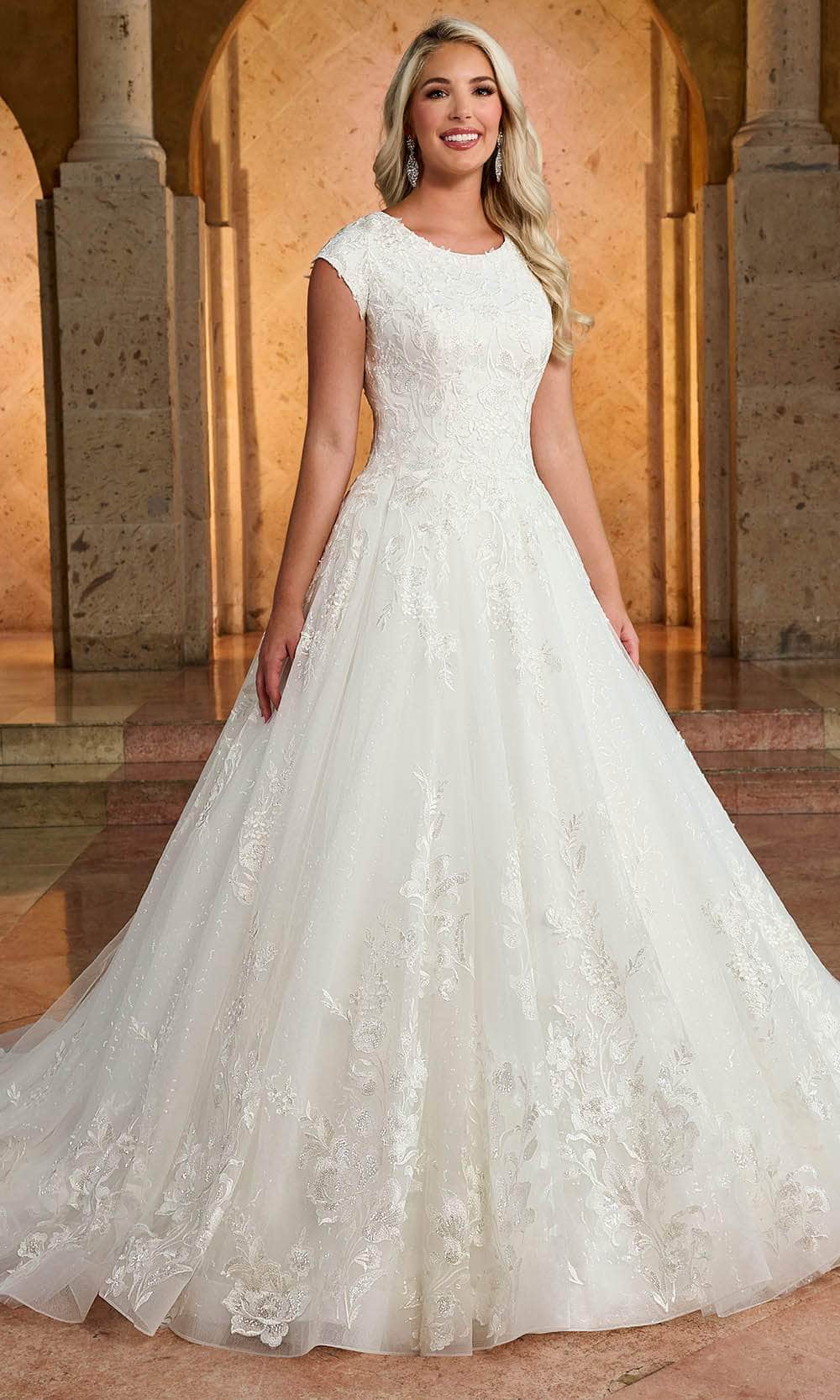 Rachel Allan RB4166 - Long Tulle, Glitter Tulle, Applique, Beading A-Line  Dress - Cap Sleeve, Lace Applique, Sequin, Full Back, Button Closure,  Horsehair Trim, Chapel Train  ADASA