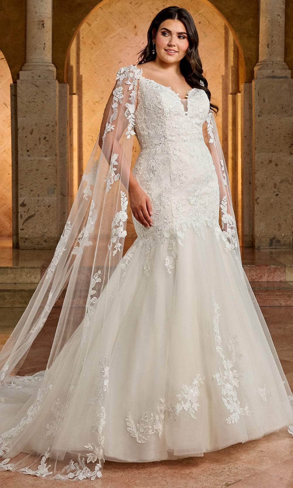 Rachel Allan RB4174 - Long Tulle, Applique, Beading Trumpet Dress - Spaghetti Strap, Floral Lace Applique, Beaded, Corset Lace-Up Back, Chapel Train, Detachable Long Cape Sleeve ADASA Rachel Allan RB4174 - Long Tulle, Applique, Beading Trumpet Dress - Spaghetti Strap, Floral Lace Applique, Beaded, Corset Lace-Up Back, Chapel Train, Detachable Long Cape Sleeve ADASA