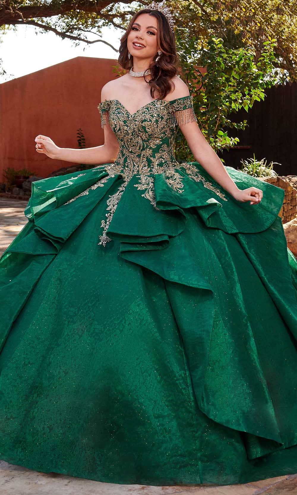 Rachel Allan Rq1117 - Metallic Lace Applique Ballgown 0 / Emerald Gold