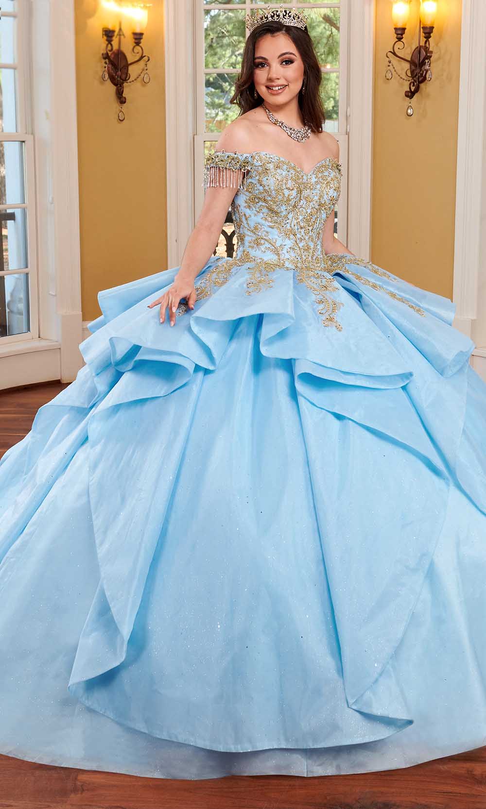 Rachel Allan Rq1117 - Metallic Lace Applique Ballgown 0 / Light Blue Gold