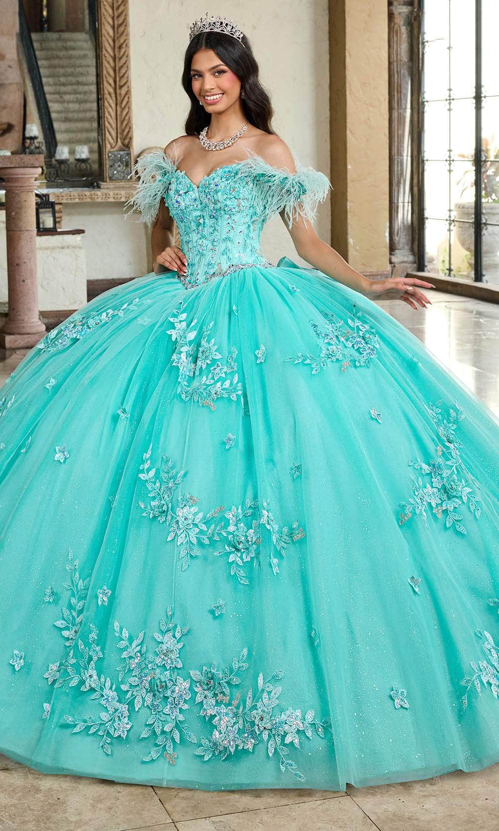 Rachel Allan RQ2186 - Off-Shoulder Feather Detailed Ballgown