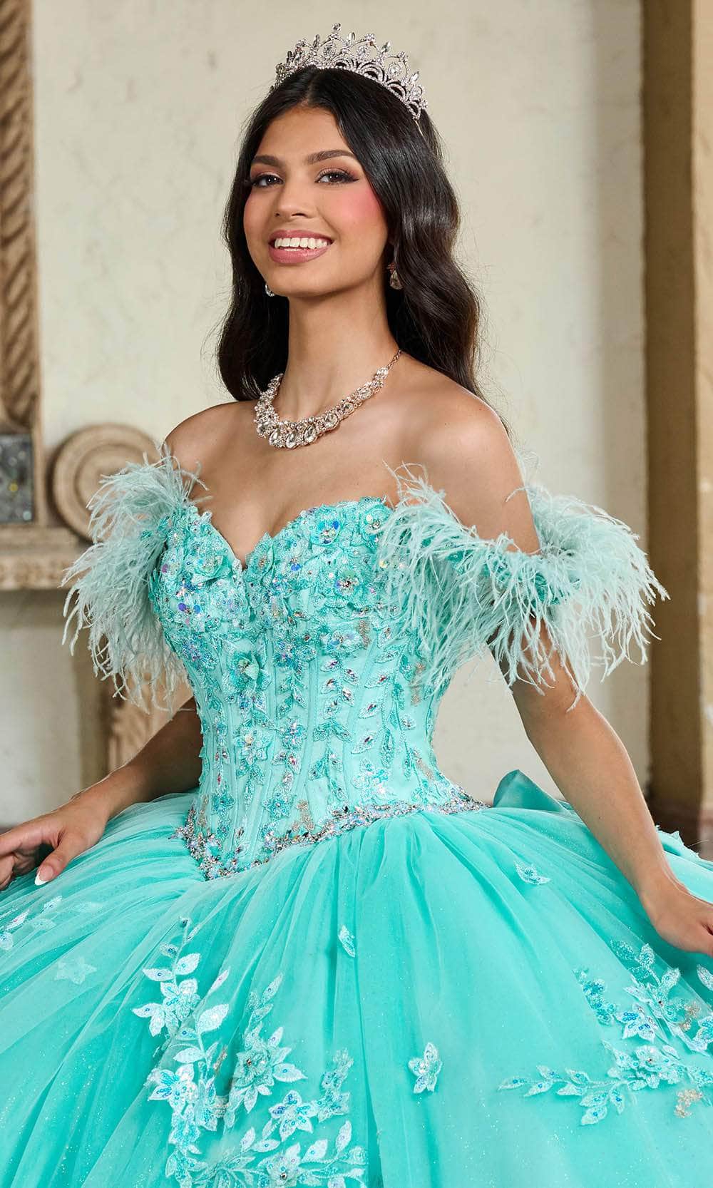 Rachel Allan RQ2186 - Off-Shoulder Feather Detailed Ballgown