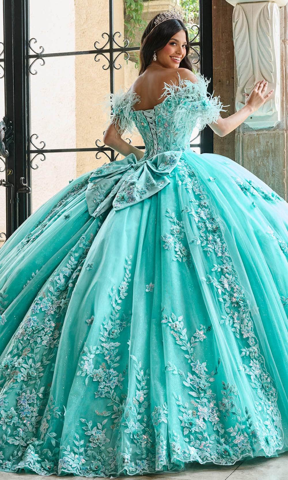 Rachel Allan RQ2186 - Off-Shoulder Feather Detailed Ballgown