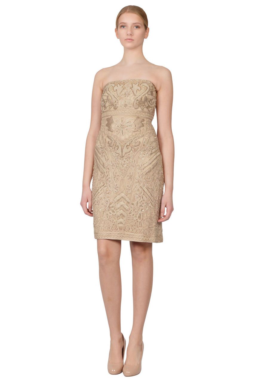 Sue Wong - N3145 Strapless Soutache Adorned Sheath Dress in Neutral