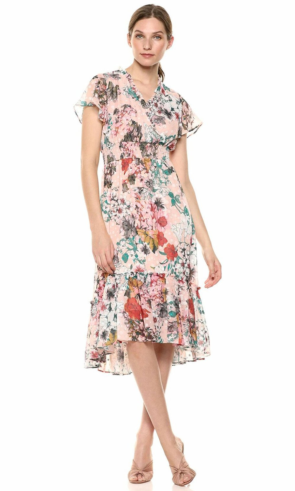 Gabby Skye 18176M - Tea-Length Chiffon A-Line Dress - Floral Print, Surplice Bodice, Flared Short Sleeves, Smocked Waistband, Ruffle Trims ADASA Gabby Skye 18176M - Tea-Length Chiffon A-Line Dress - Floral Print, Surplice Bodice, Flared Short Sleeves, Smocked Waistband, Ruffle Trims ADASA