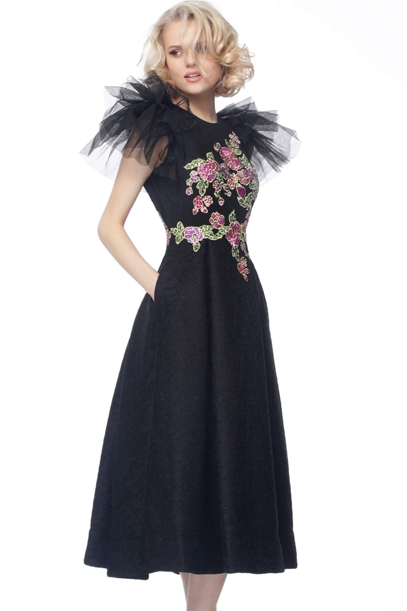 Jovani - 66417 Jewel A-line Tea Length Dress In Black