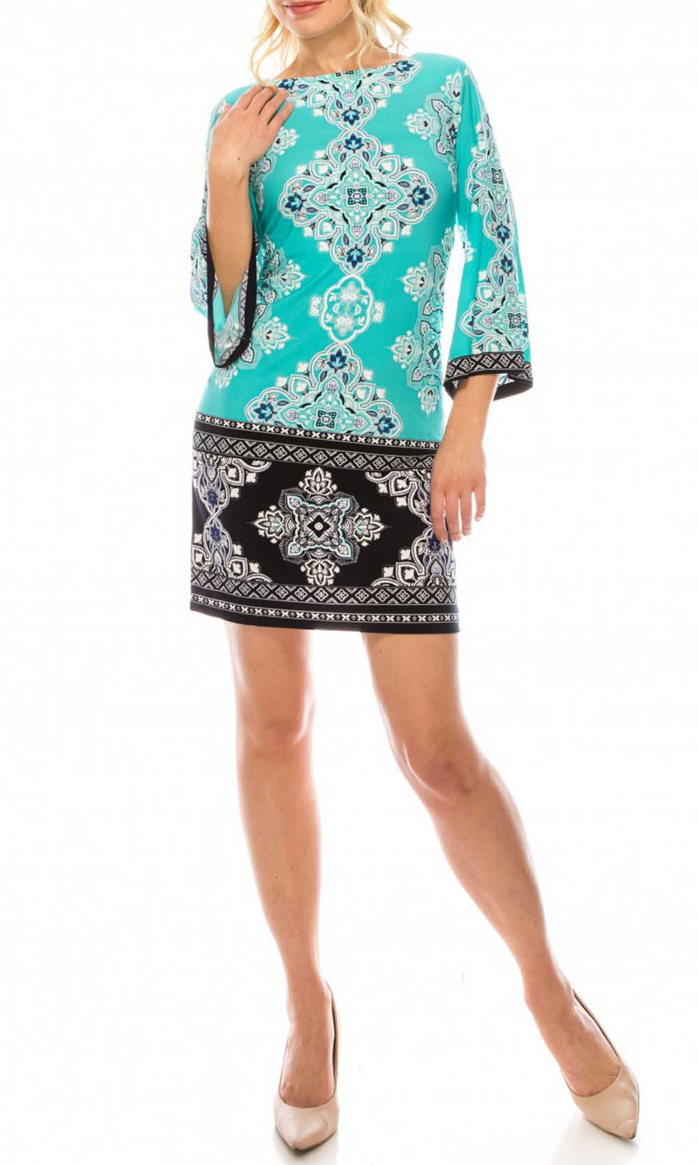 Sandra Darren - 72825 Printed Bell Sleeve Dress In Multi-Color