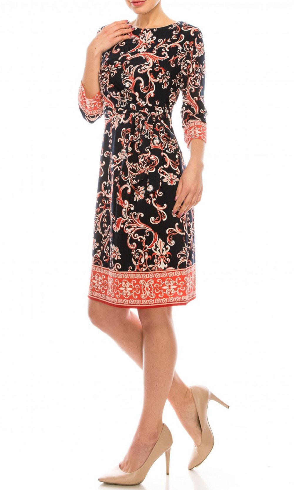 Sandra Darren - 73480 Quarter Sleeve Filigree Print Sheath Dress In Blue and Orange