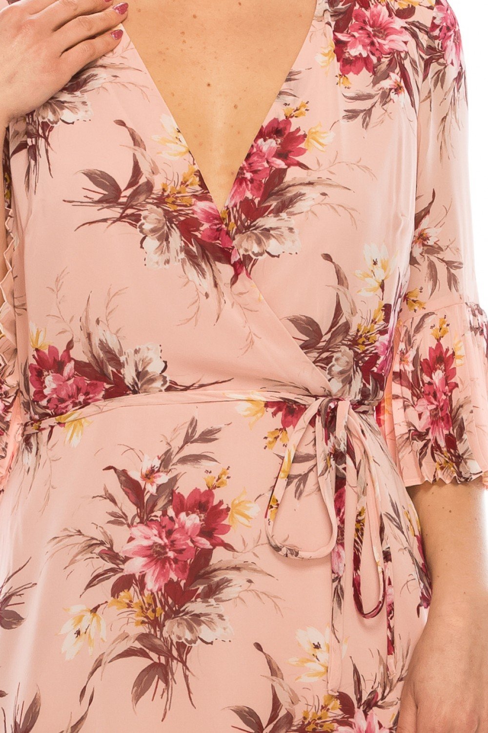Sandra Darren - 73699 Flounce Sleeve Rose Print Chiffon Dress In Pink and Floral
