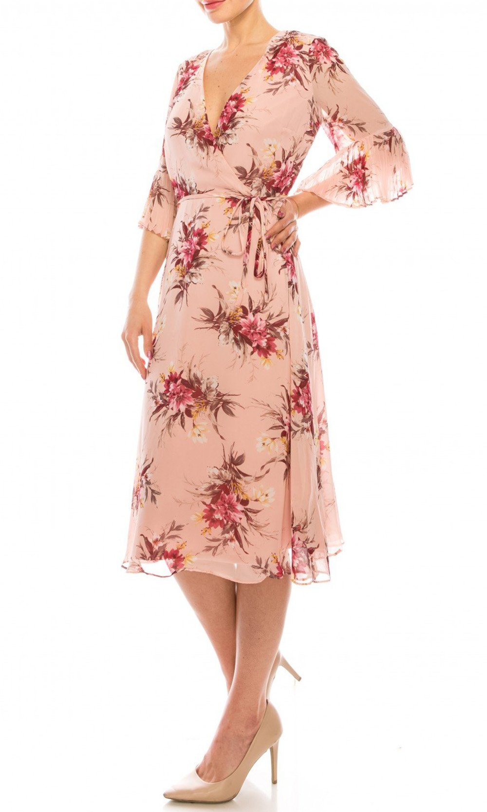 Sandra Darren - 73699 Flounce Sleeve Rose Print Chiffon Dress In Pink and Floral