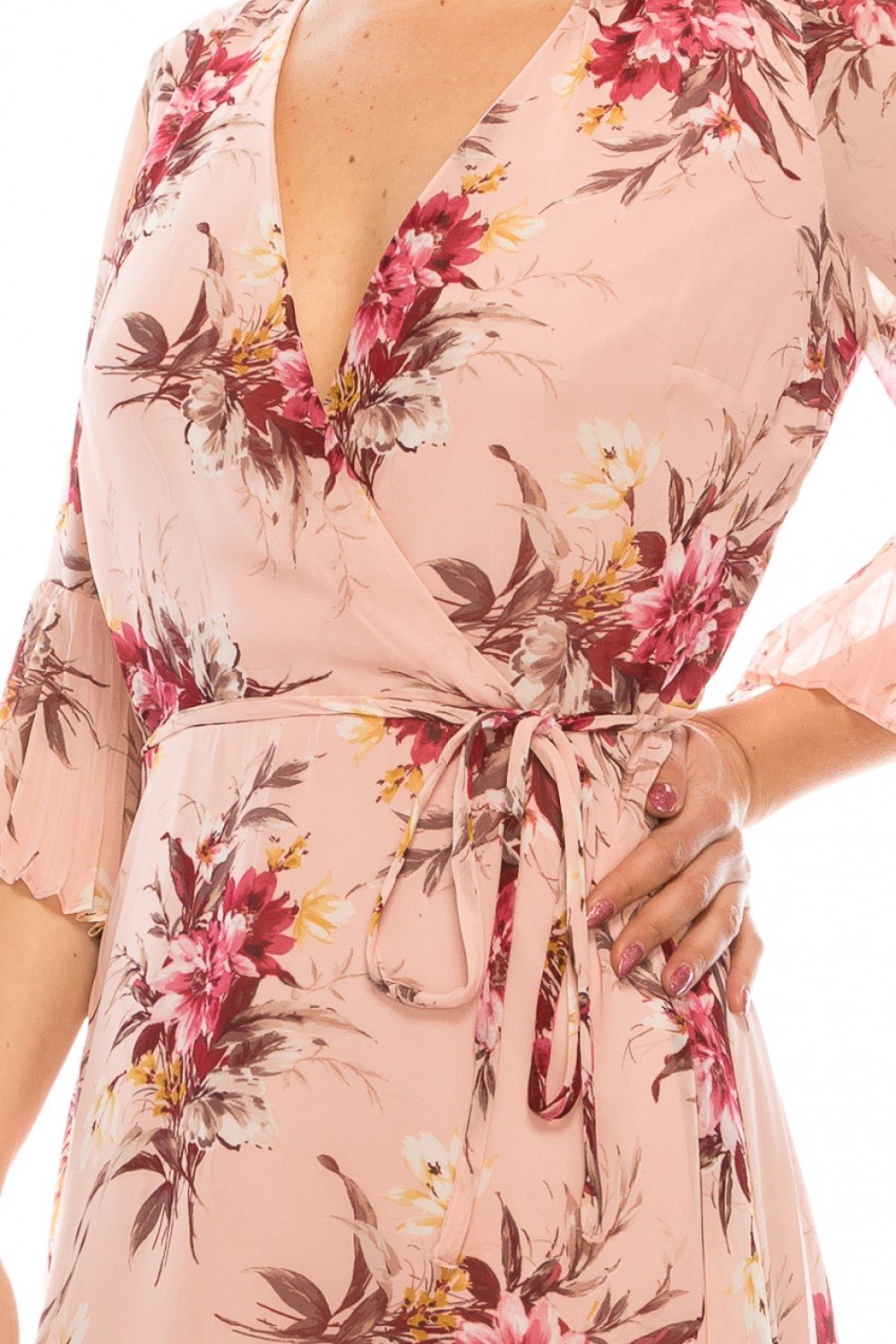 Sandra Darren - 73699 Flounce Sleeve Rose Print Chiffon Dress In Pink and Floral