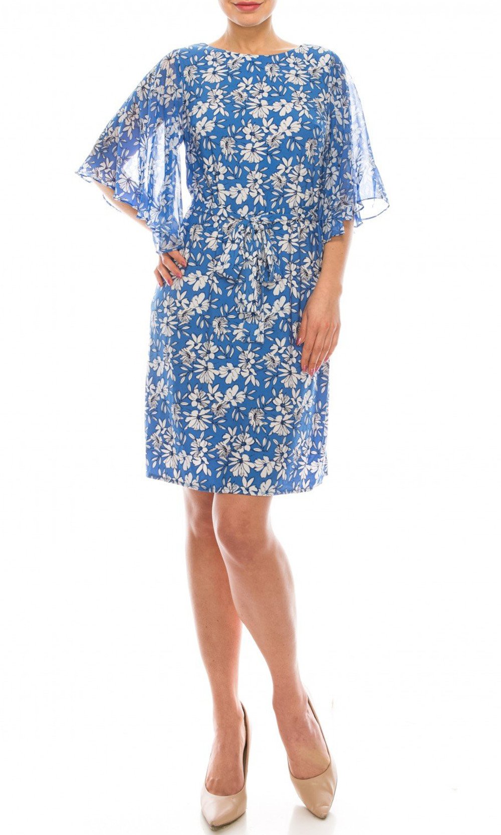 Sandra Darren - 73786 Butterfly Sleeve Floral Chiffon Dress In Blue and Orange