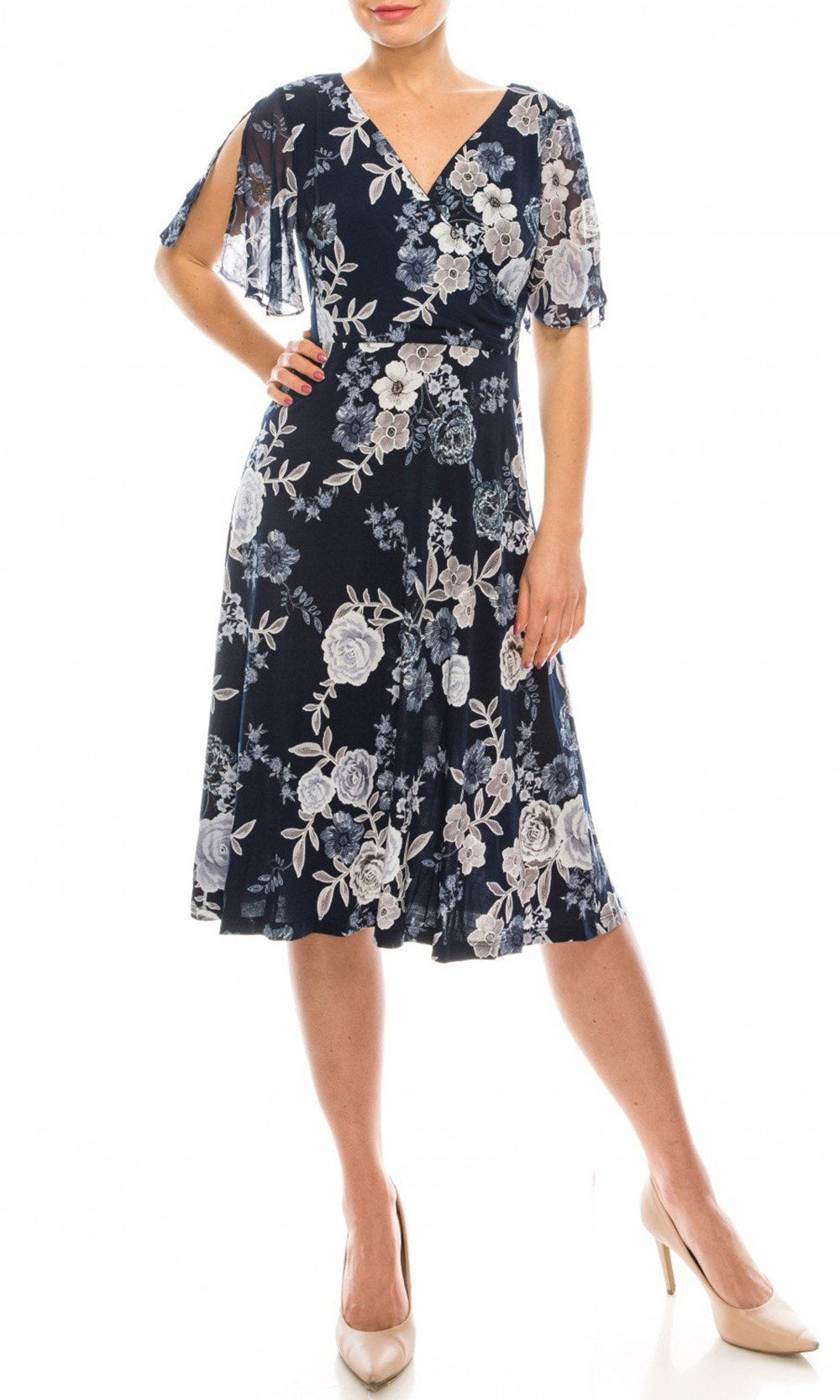 Sandra Darren - 73852 Split Butterfly Sleeve Floral Chiffon Dress In Blue and Floral