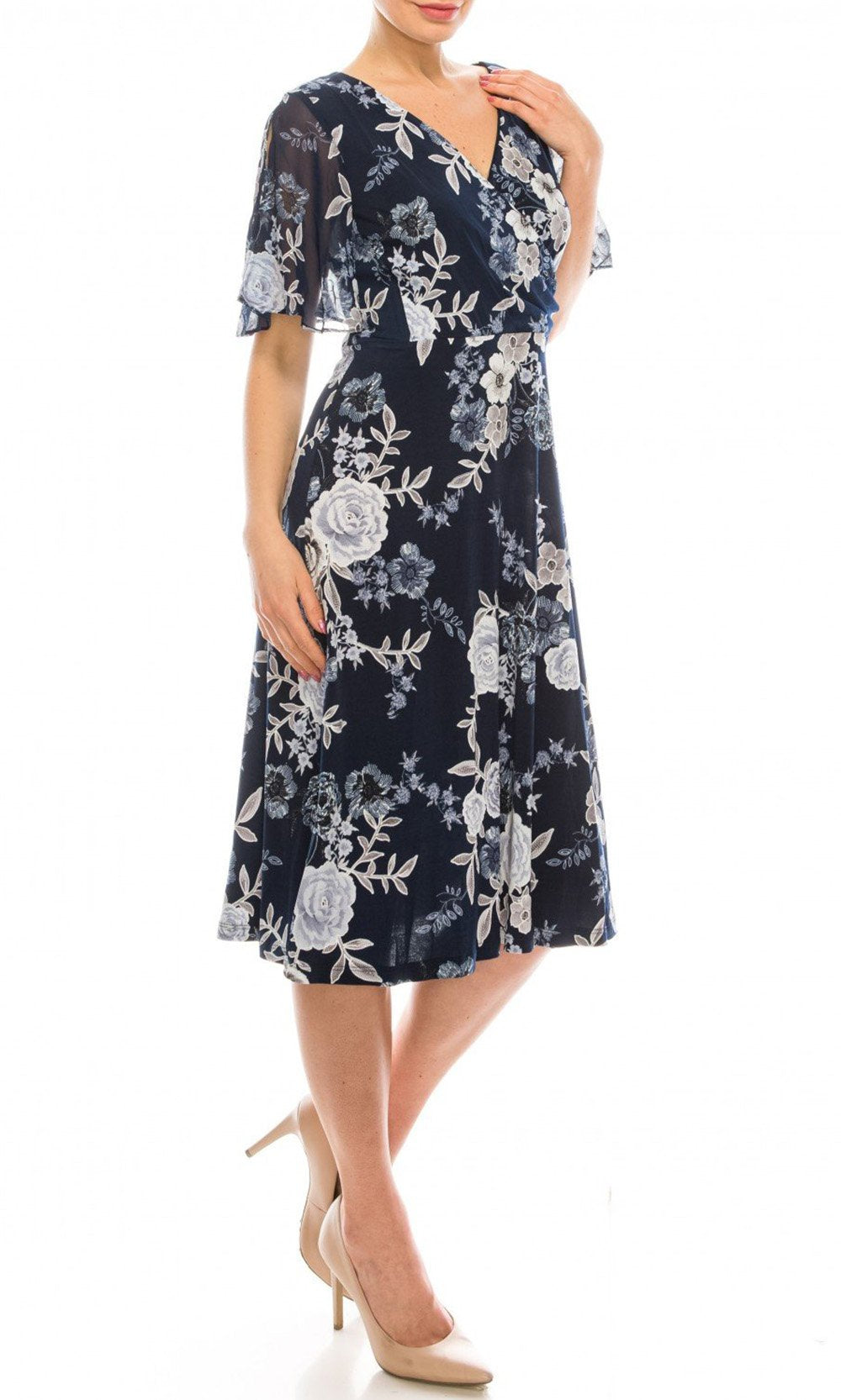 Sandra Darren - 73852 Split Butterfly Sleeve Floral Chiffon Dress In Blue and Floral