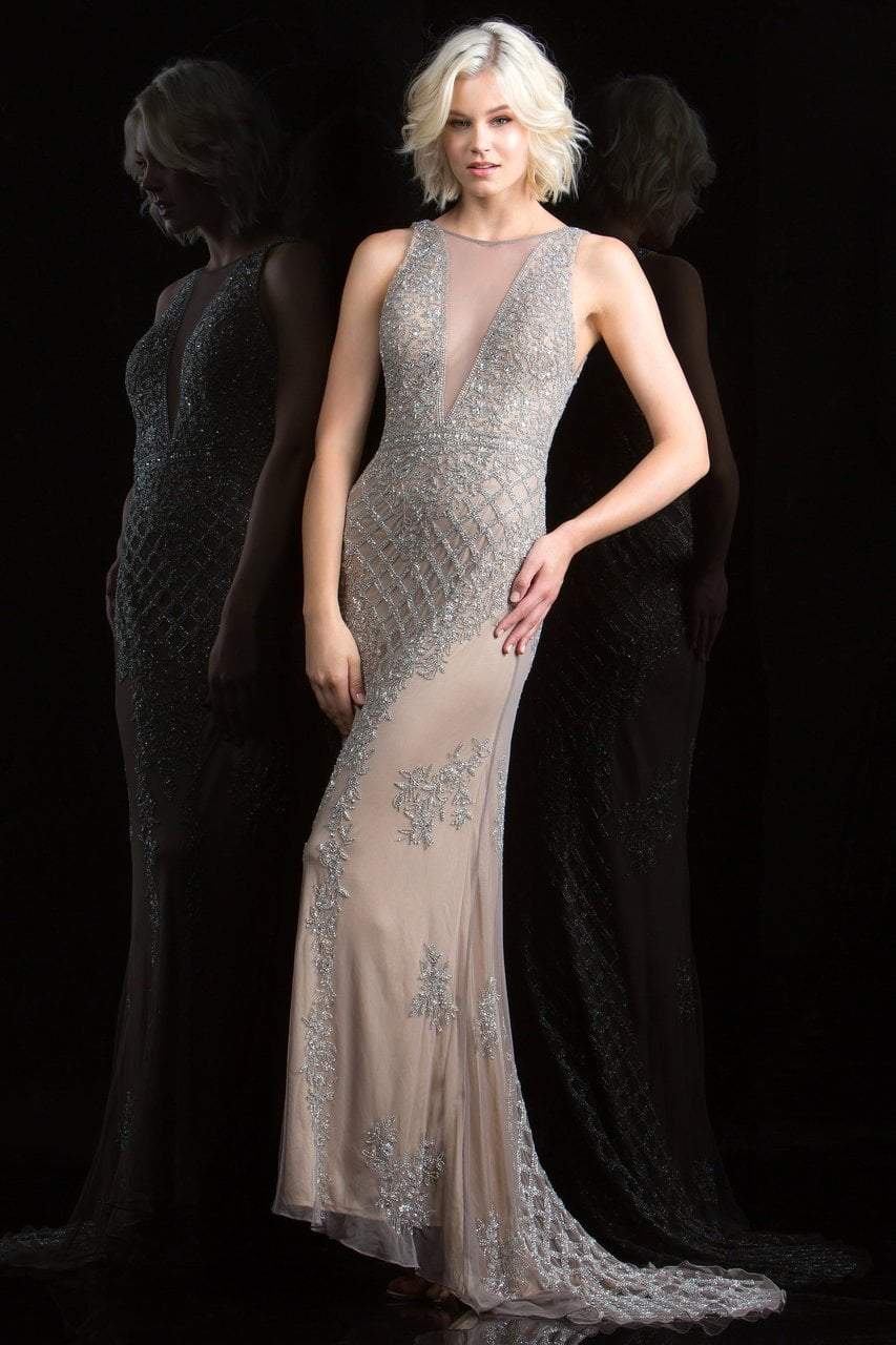 Scala - 48787 Beaded Illusion Jewel Sheath Dress Special Occasion Dress 0 / Lead/Sil