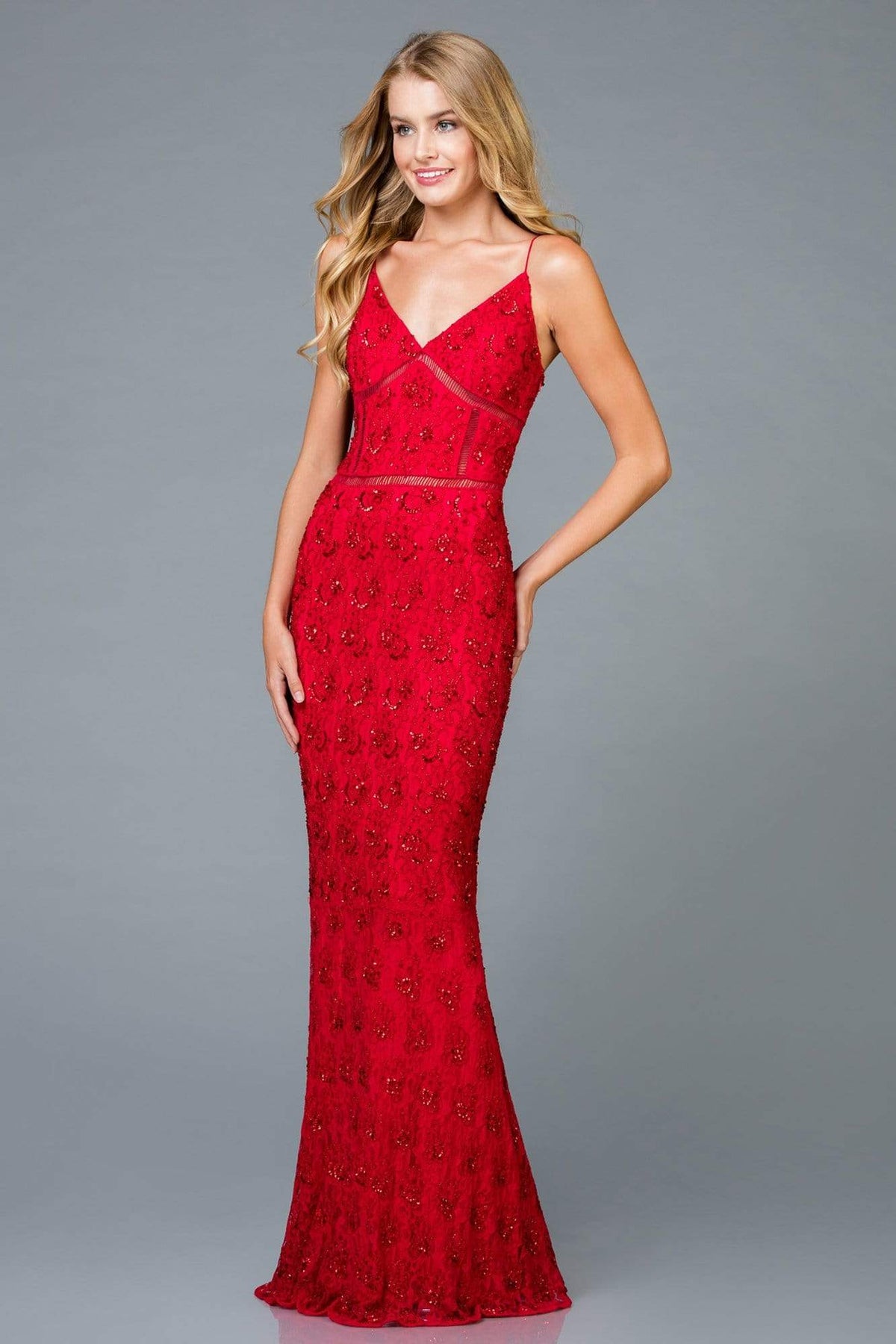 Scala - 48960 Bedazzled V-neck Trumpet Dress Special Occasion Dress 0 / Red