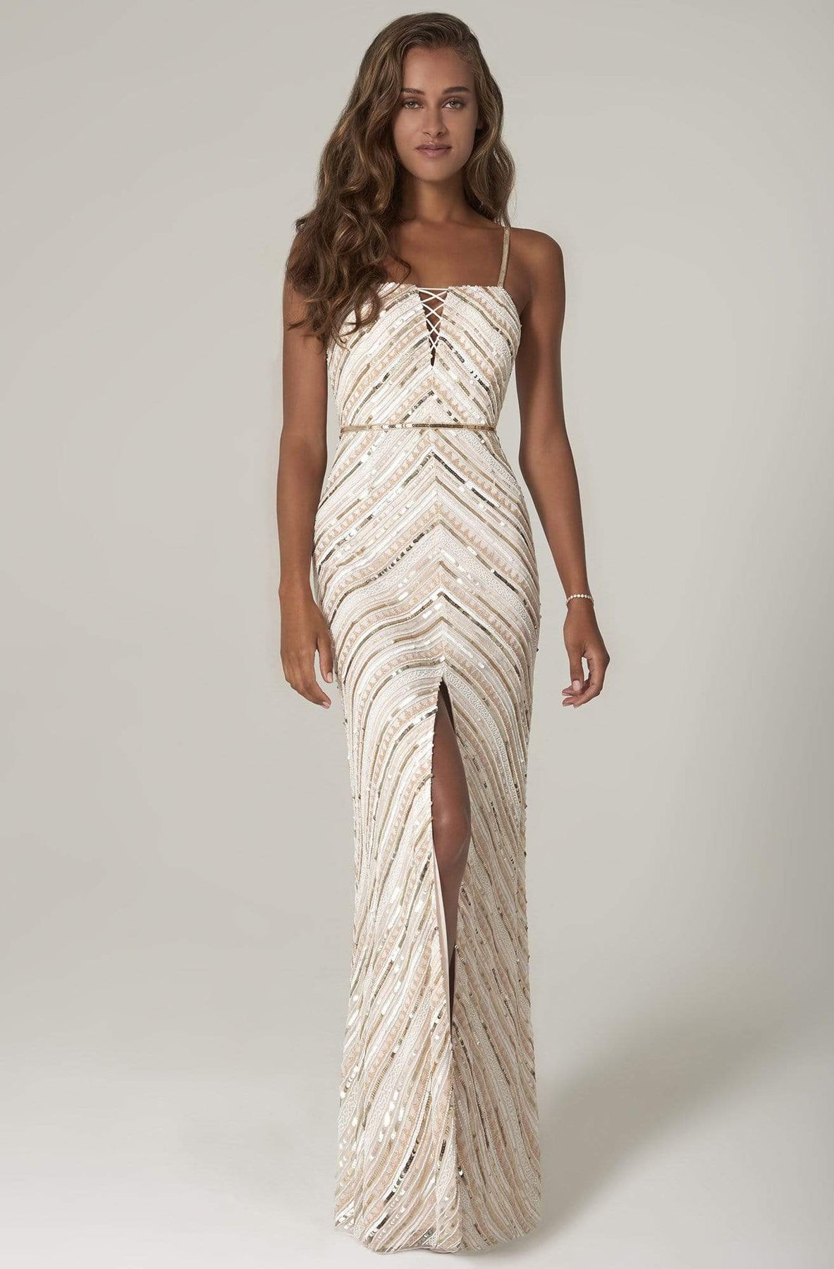 SCALA - 60091 Straight Across Sequined Long Dress Prom Dresses 00 / Ivory/Blush