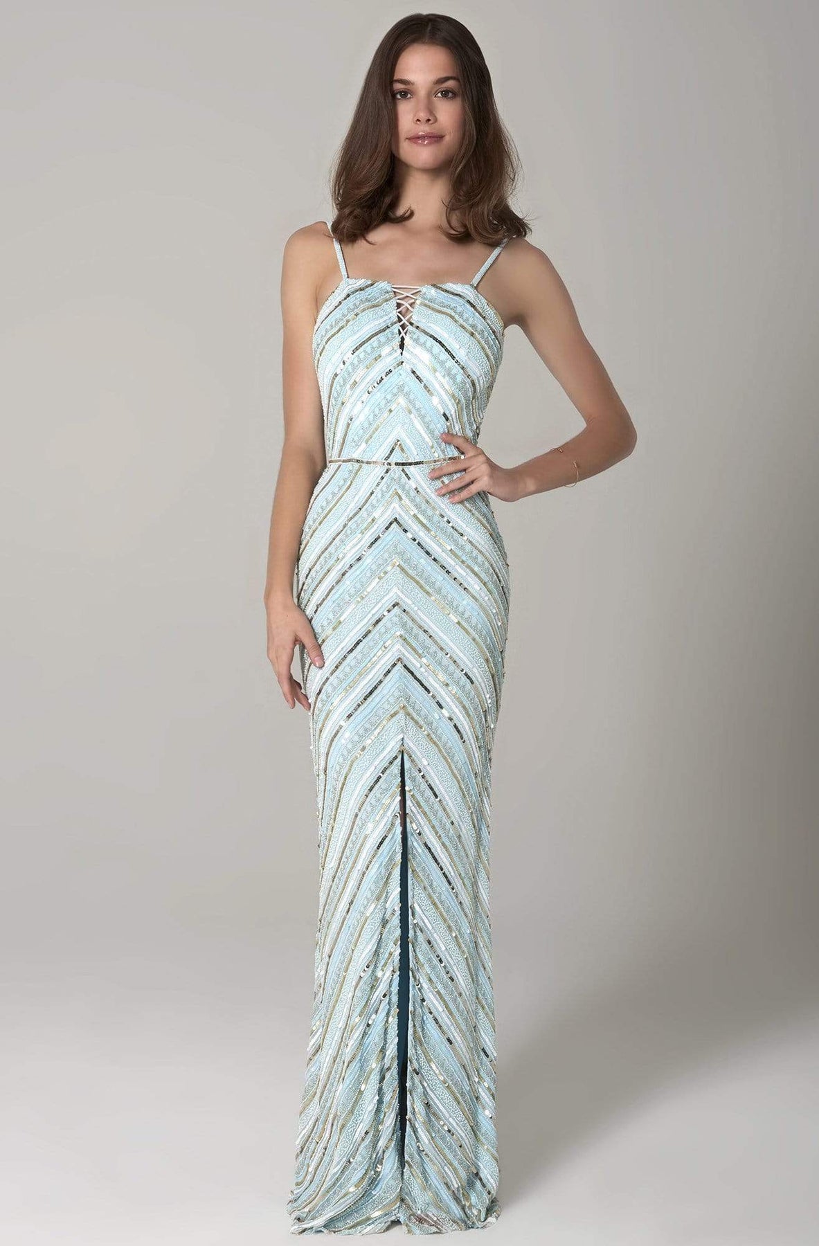 SCALA - 60091 Straight Across Sequined Long Dress Prom Dresses 00 / Sky