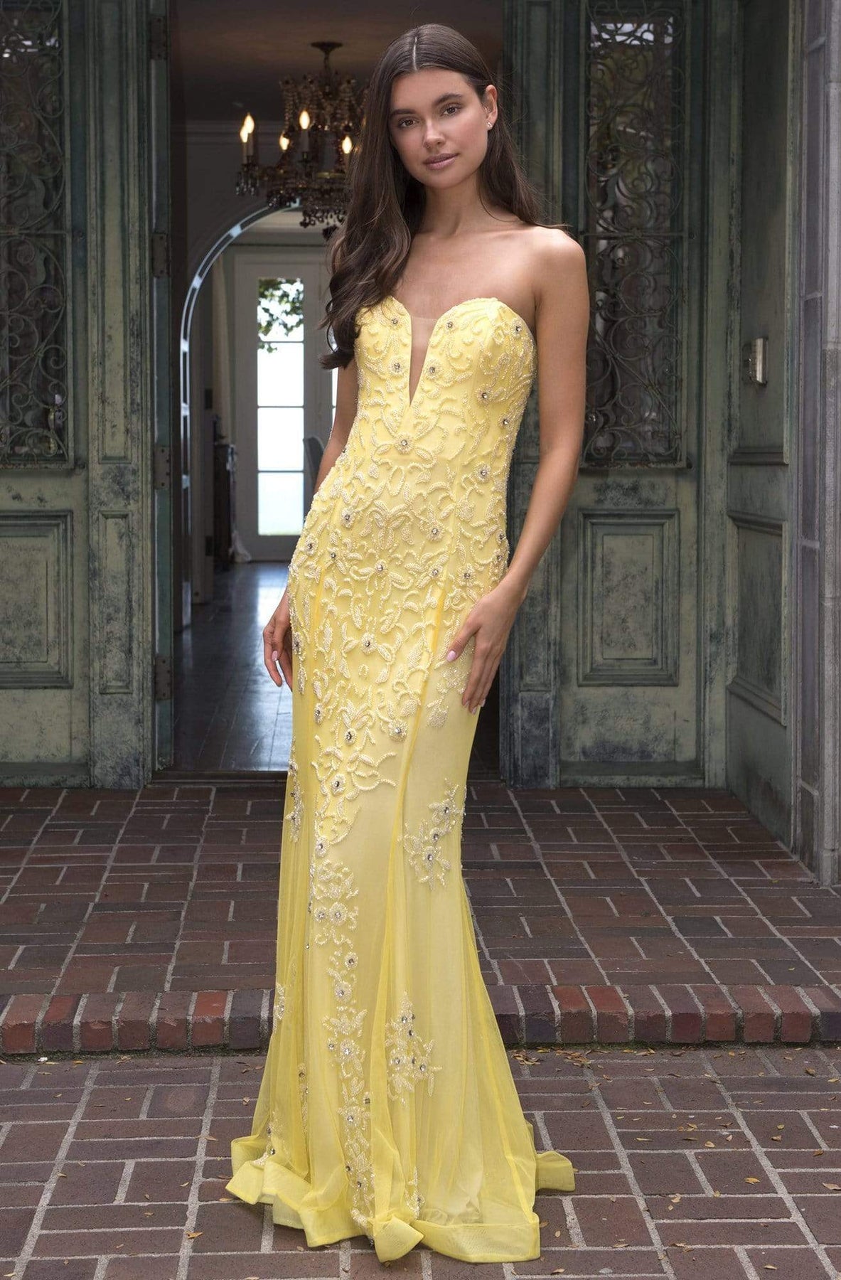 SCALA - 60097 Sweetheart Beads and Stones Sheath Dress Prom Dresses 00 / Sunflower