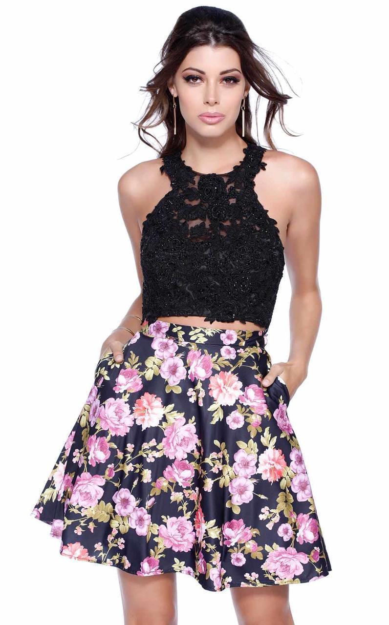 Shail K 4023 Two Piece Lace Floral Skirt with Criss Cross Back CCSALE 8 / Black Floral Print